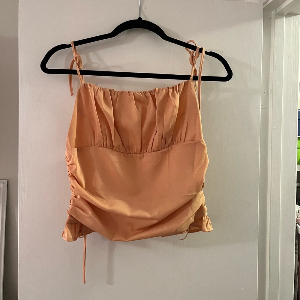Le Lis Peach Satin Ruched Tie-Strap Cami
